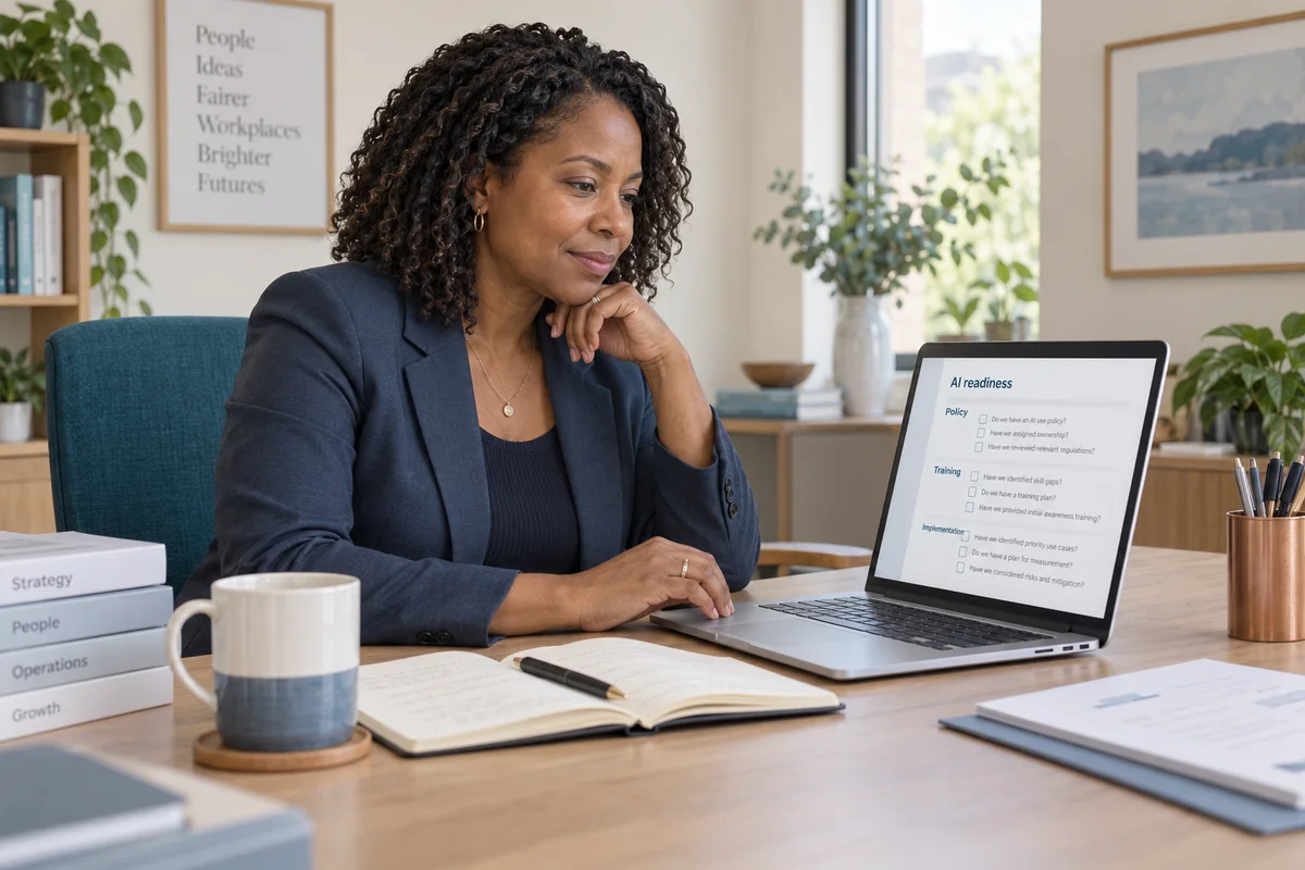 Illustrative business owner considering AI policy and employee training