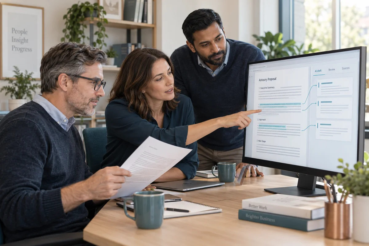 Illustrative professional team reviewing an AI-assisted business draft together