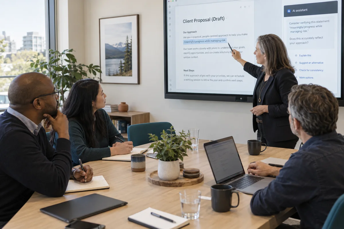 Illustrative small professional team learning to review an AI-generated draft with a facilitator